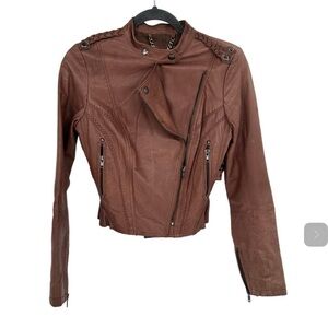 BB Dakota Leather Cropped Moto Jacket Brown Long Sleeve Size XS